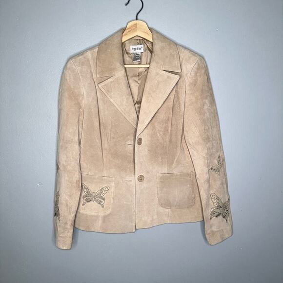 Together Vintage Leather Suede Jacket Butterfly Print Neutral Tan/Beige Size 12 - Picture 9 of 9
